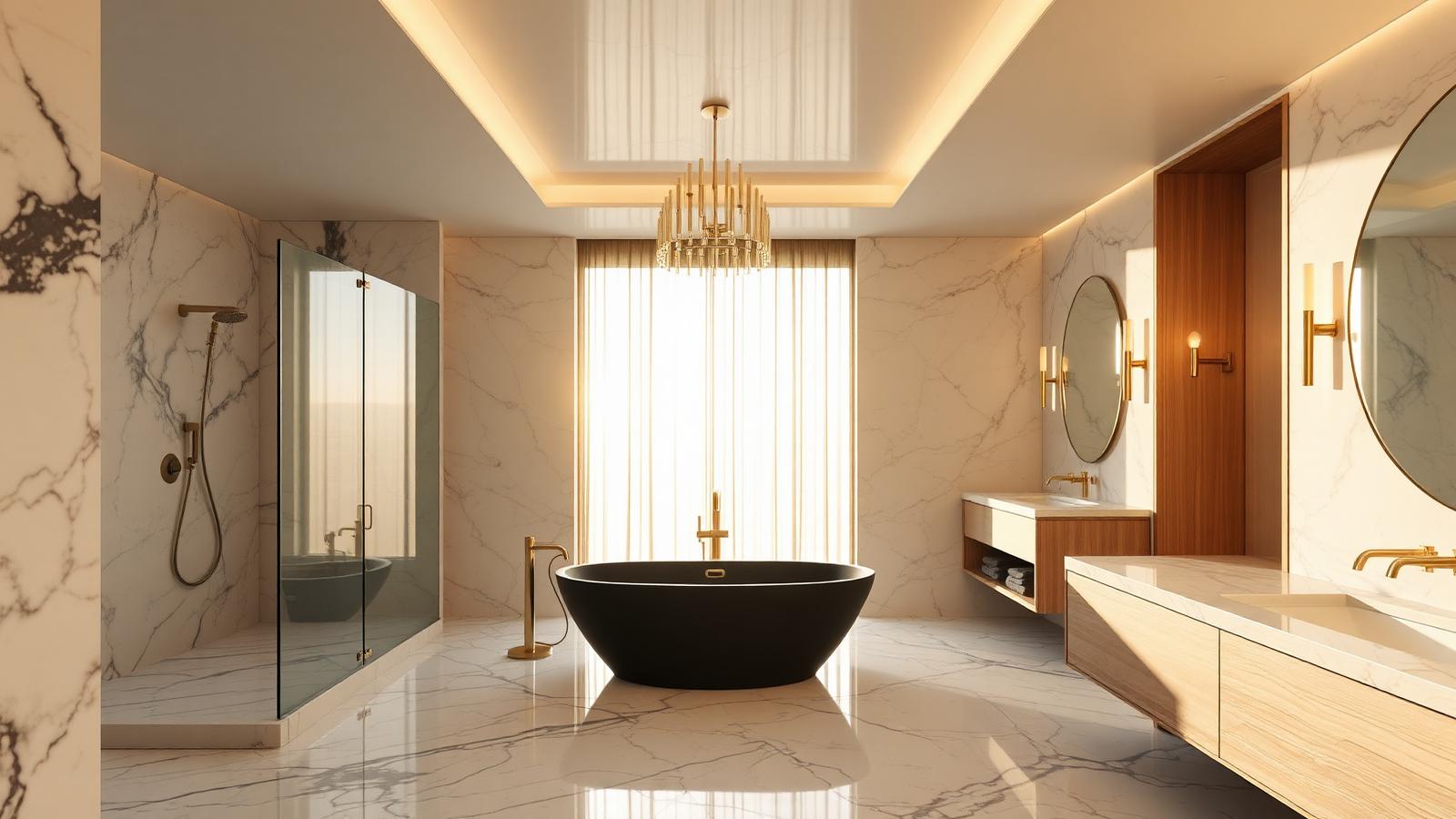 Finished luxury bathroom by Impretto Home: marble walls, freestanding matte black tub, brushed brass fixtures